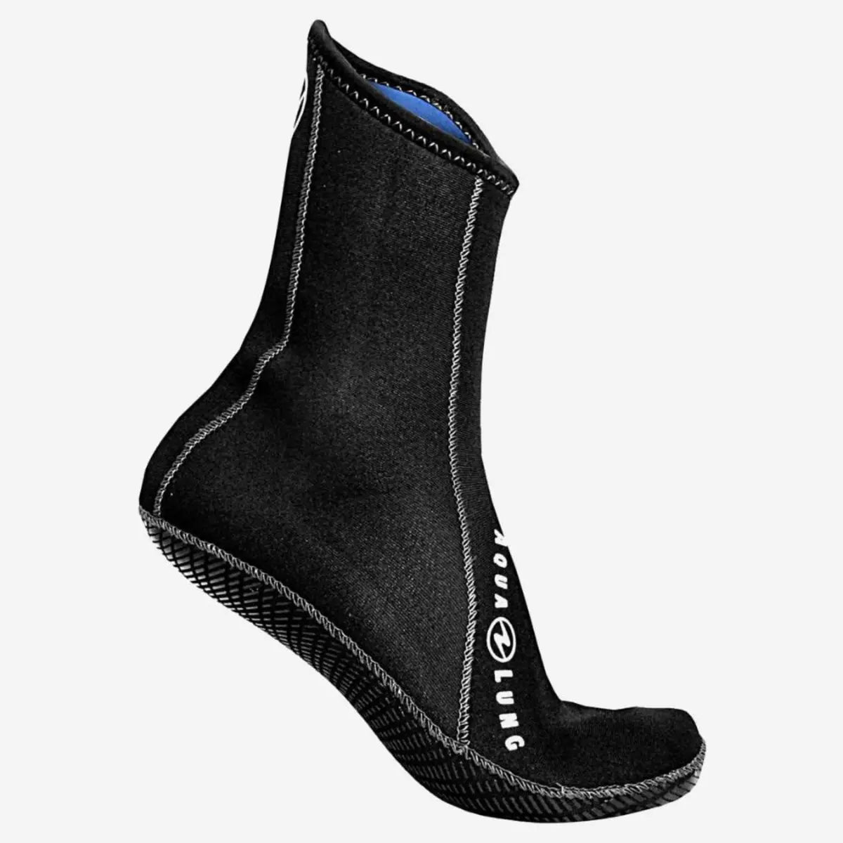 Aqua Lung Ergo 3 mm neoprene dive sock in black, side view showing the high top cut and the printed sole grip