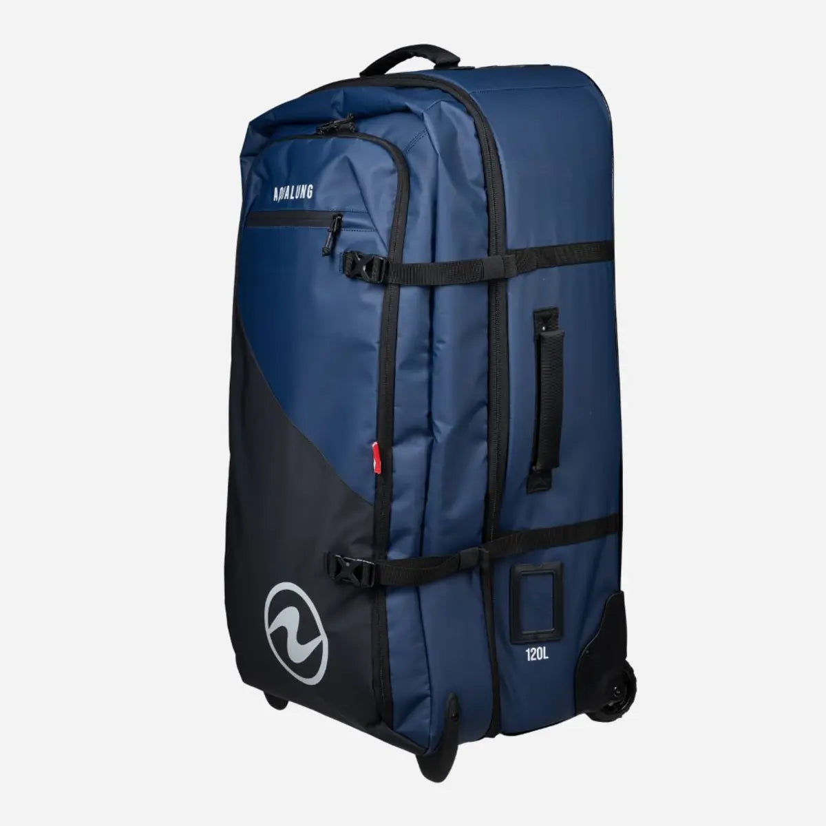 Aqua Lung Explorer 120L roller bag in navy, three-quarter view showing the wheels, compression straps and 120L marking