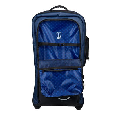 Aqua Lung Explorer 120L roller dive bag with the lid unzipped, showing the blue lined interior and the marked fin compartment