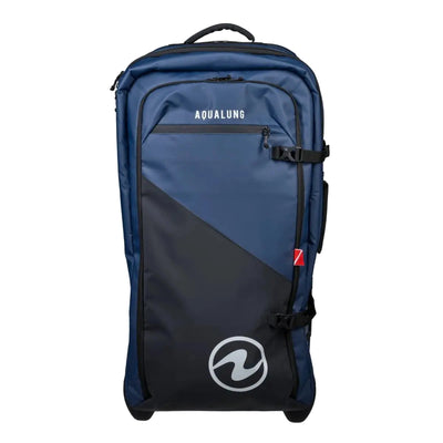 Aqua Lung Explorer 120L roller dive bag in navy and black, front view with the daisy-chain webbing and dive flag detail