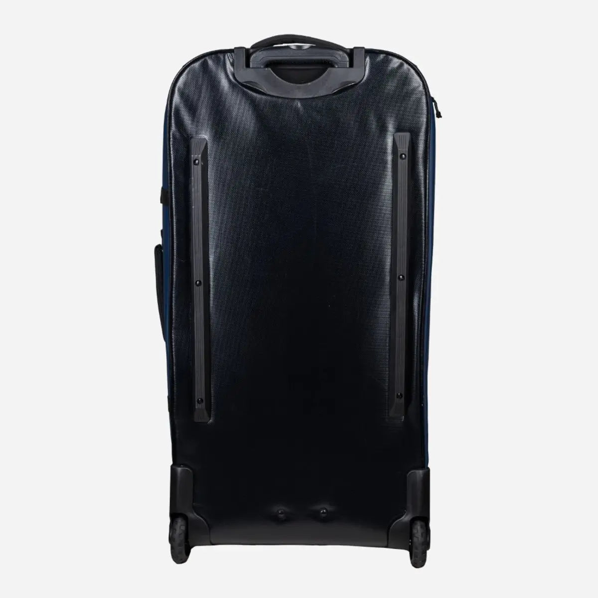 Aqua Lung Explorer 120L roller bag in navy, three-quarter view showing the wheels, compression straps and 120L marking