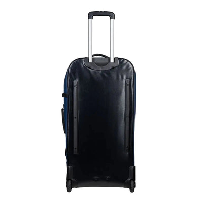 Aqua Lung Explorer 120L roller dive bag, side view showing the depth of the bag and the recessed wheel housings