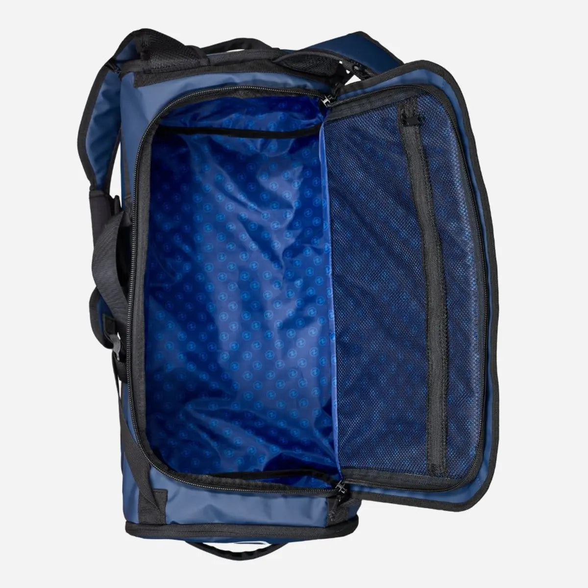 Aqua Lung Explorer 45L dive bag opened, showing the blue lined interior and the zipped mesh lid pocket