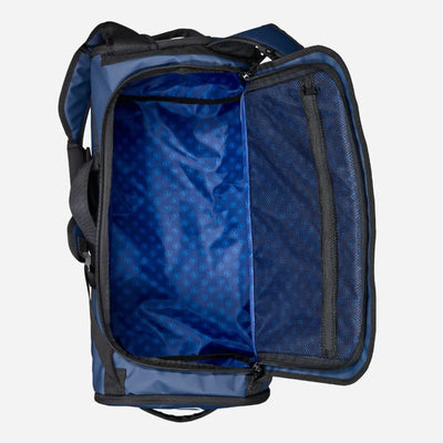 Aqua Lung Explorer 45L dive bag opened, showing the blue lined interior and the zipped mesh lid pocket
