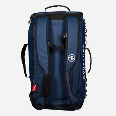 Aqua Lung Explorer 45L dive bag in navy, back view showing the padded backpack harness and the daisy chain down the side