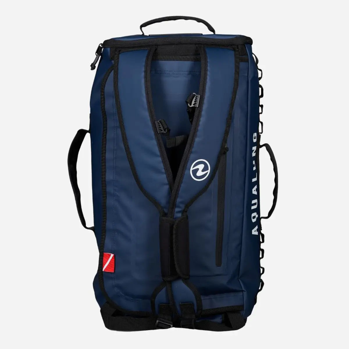Aqua Lung Explorer 45L dive bag in navy, back view with the shoulder straps clipped together across the chest