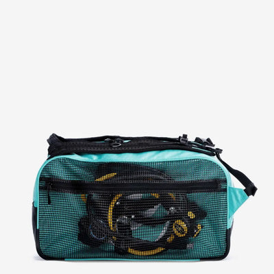 Aqua Lung Explorer II duffle bag 46L in Glacier laid on its side and packed with a regulator and hoses visible through the mesh
