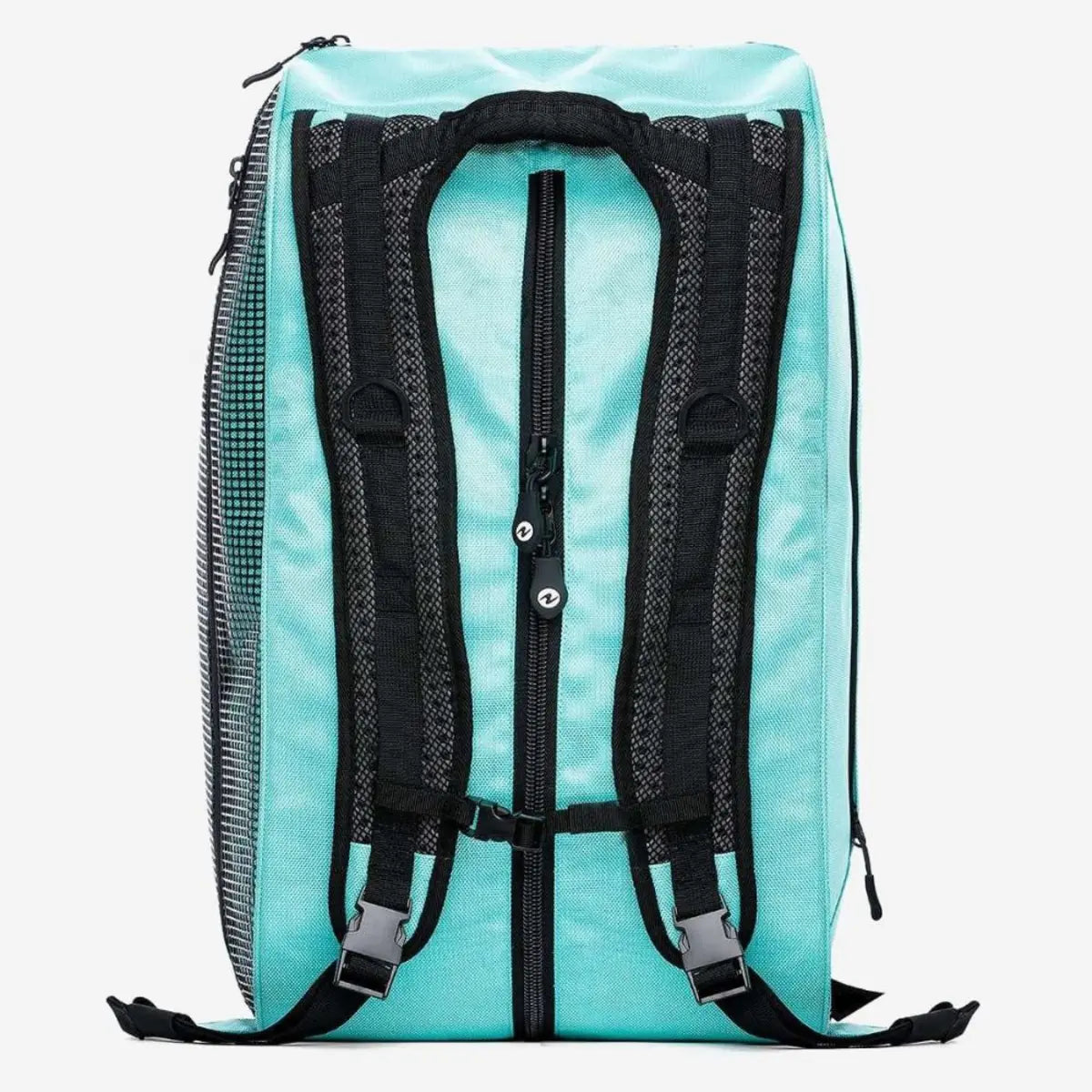 Aqua Lung Explorer II duffle bag 46L in Glacier, back view with the padded shoulder straps and sternum strap deployed