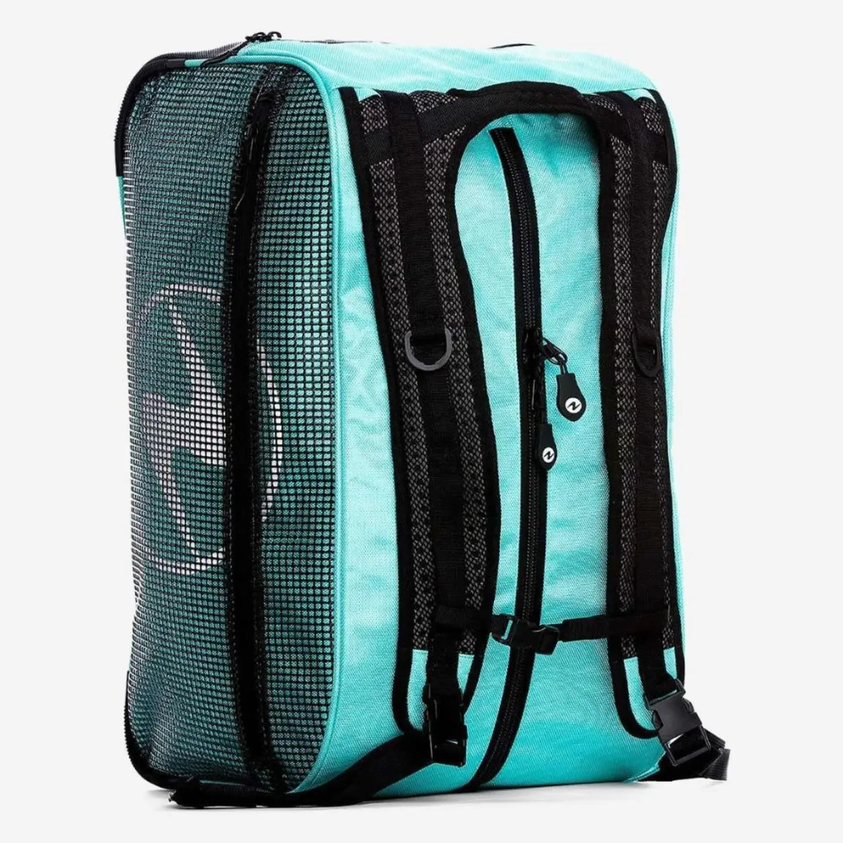 Aqua Lung Explorer II duffel bag in glacier turquoise, side view with the stowable backpack straps visible