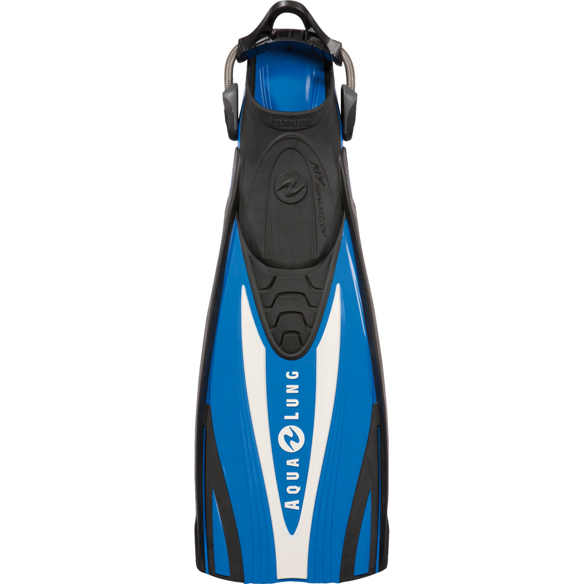 Aqua Lung Express ADJ open heel scuba fin in blue and black, showing the adjustable strap and heel