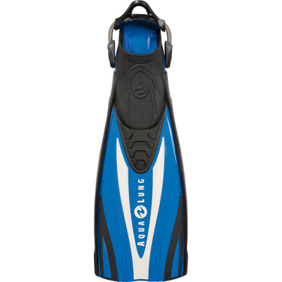 Aqua Lung Express ADJ open heel scuba fin in blue and black, showing the adjustable strap and heel