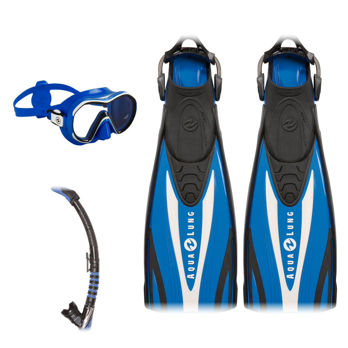 Aqua Lung Reveal X1 mask in blue and white, Zephyr Flex snorkel in black and blue, and Express ADJ fins in blue