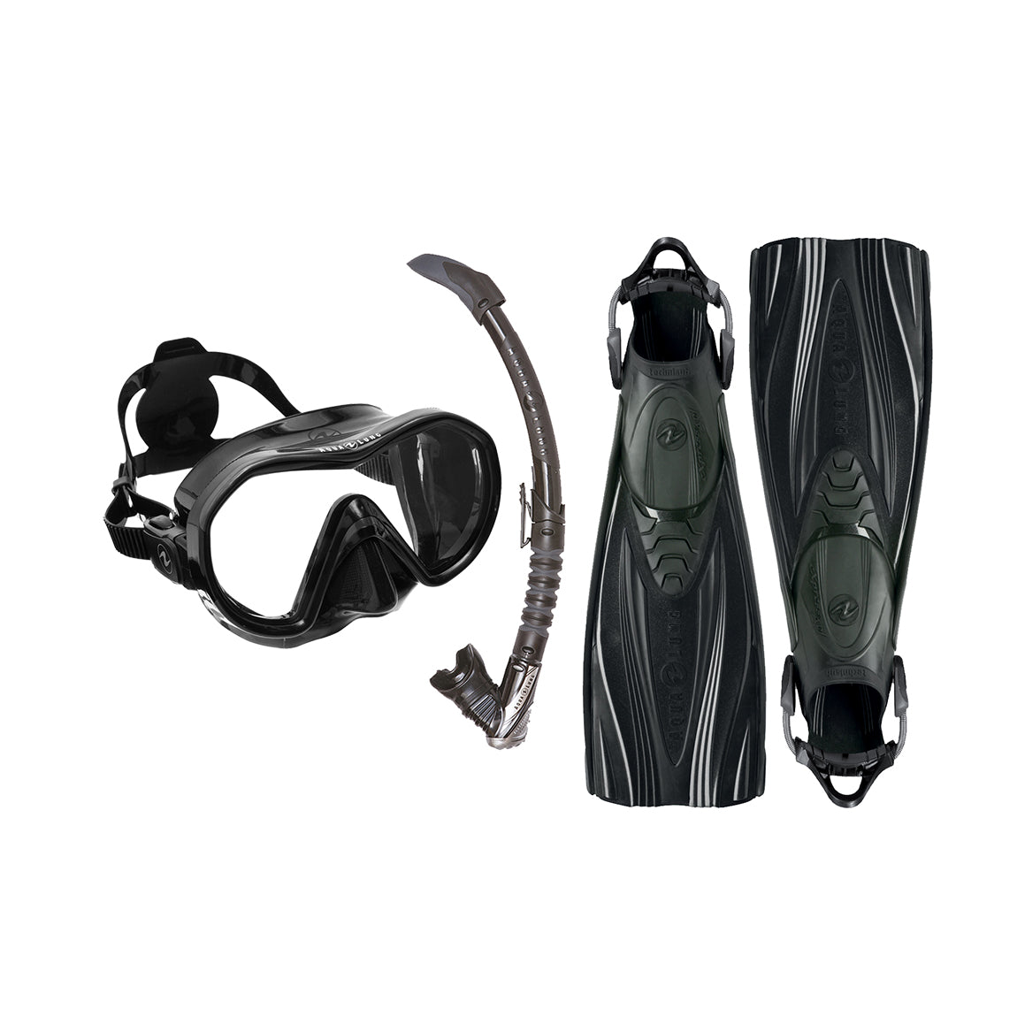 Aqua Lung scuba set in black: Reveal X1 mask, Zephyr Flex snorkel and a pair of Express ADJ open heel fins