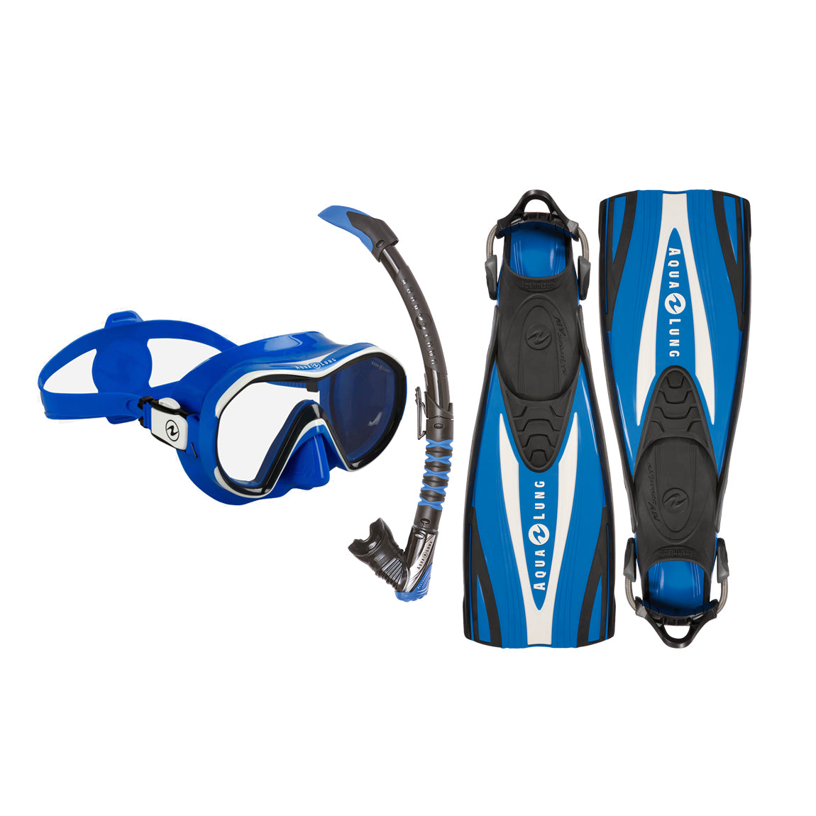 Aqua Lung scuba set in blue: Reveal X1 mask, Zephyr Flex snorkel and a pair of Express ADJ open heel fins