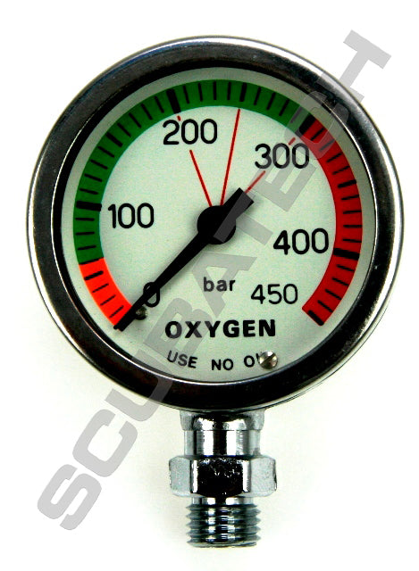 Scubatech 52 mm oxygen pressure gauge with a 450 bar dial, chrome