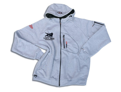 Tecline Diver hooded jumper in grey, front view with full zip and small chest logo