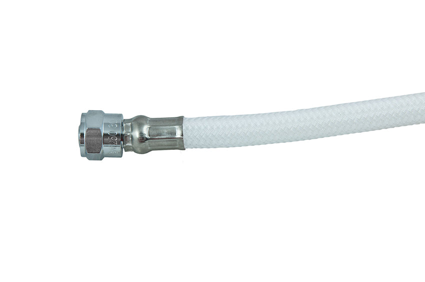 Close view of a white Tecline Proflex LP hose with second stage fitting