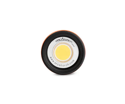 OrcaTorch D910V seen head-on, close-up of the wide chip-on-board LED