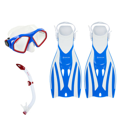 Aqua Lung Hawkeye mask in blue and white, Pike snorkel in white and brick, and Fizz fins in blue and white