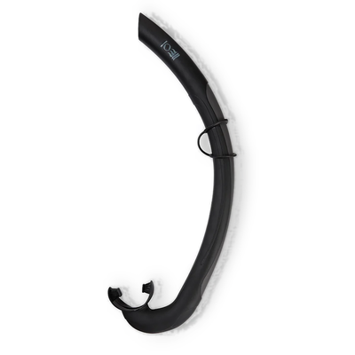 Fourth Element Float freediving snorkel in black, shown in profile with its flat-folding tube and strap keeper