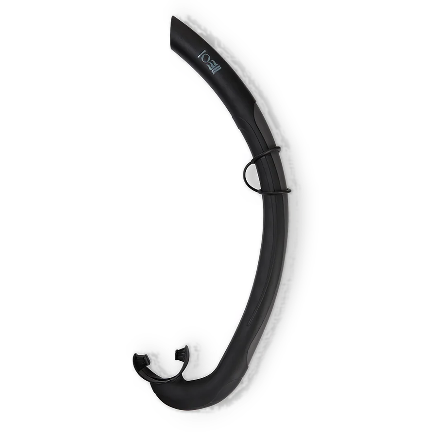 Fourth Element Float freediving snorkel in black, shown in profile with its flat-folding tube and strap keeper