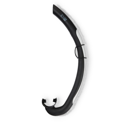 Fourth Element Float freediving snorkel in black with a white trim stripe down the back of the tube