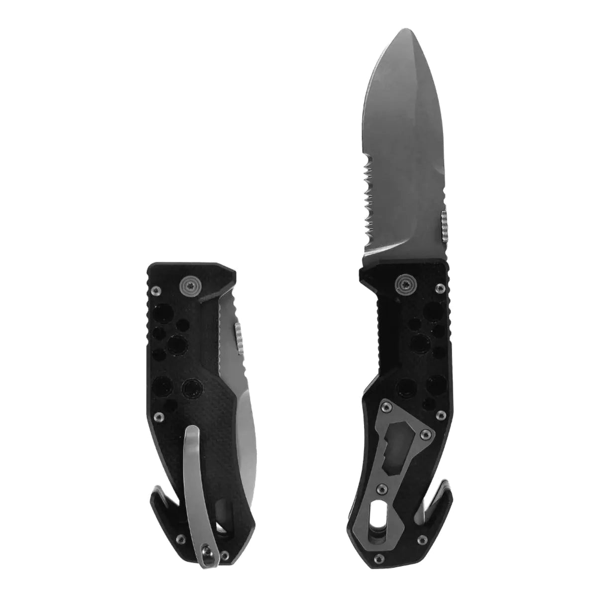 Aqua Lung folding blunt tip dive knife shown open, with the serrated blade, line cutter and G10 handle