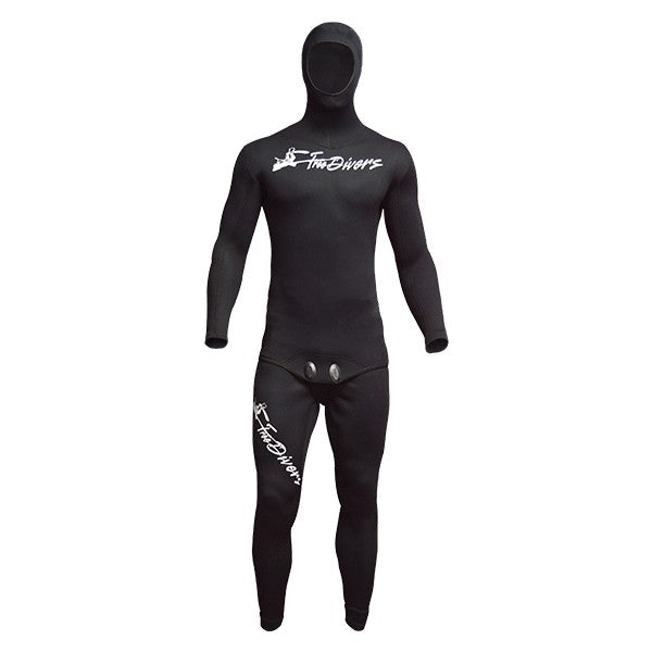 Free Divers black open cell two-piece wetsuit with hood