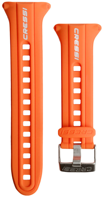 Bright orange silicone watchband standing upright with its steel buckle