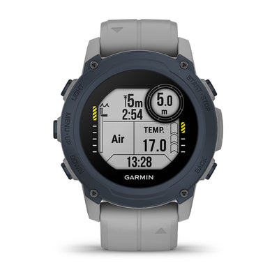 Garmin Descent G1 front view showing depth, temperature and gas on the dive screen