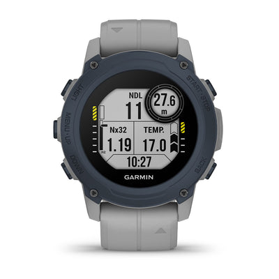 Garmin Descent G1 front view showing the dive screen with NDL, depth and nitrox mix