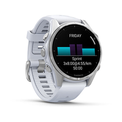 Garmin Fenix 8 AMOLED angled view showing a suggested workout