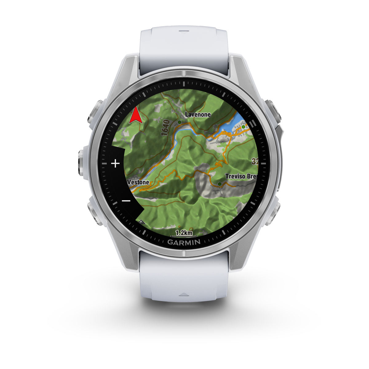 Garmin Fenix 8 AMOLED front view showing a topographic map