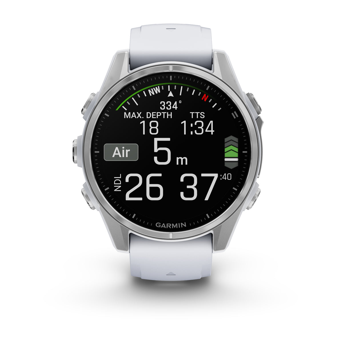 Garmin Fenix 8 AMOLED front view showing the dive screen with depth, NDL and dive time