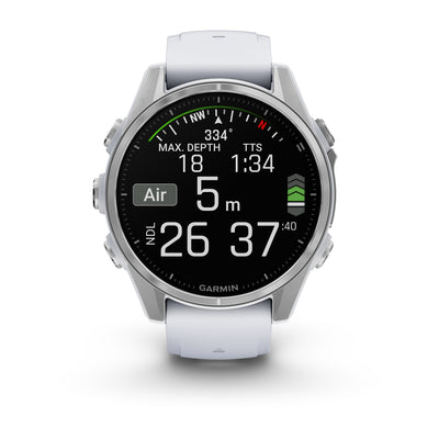 Garmin Fenix 8 AMOLED front view showing the dive screen with depth, NDL and dive time