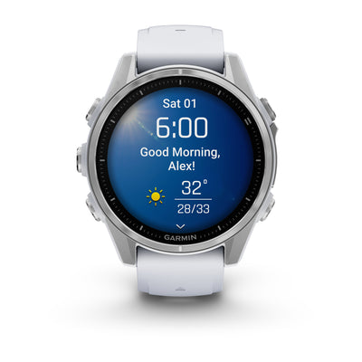 Garmin Fenix 8 AMOLED front view showing the morning report screen