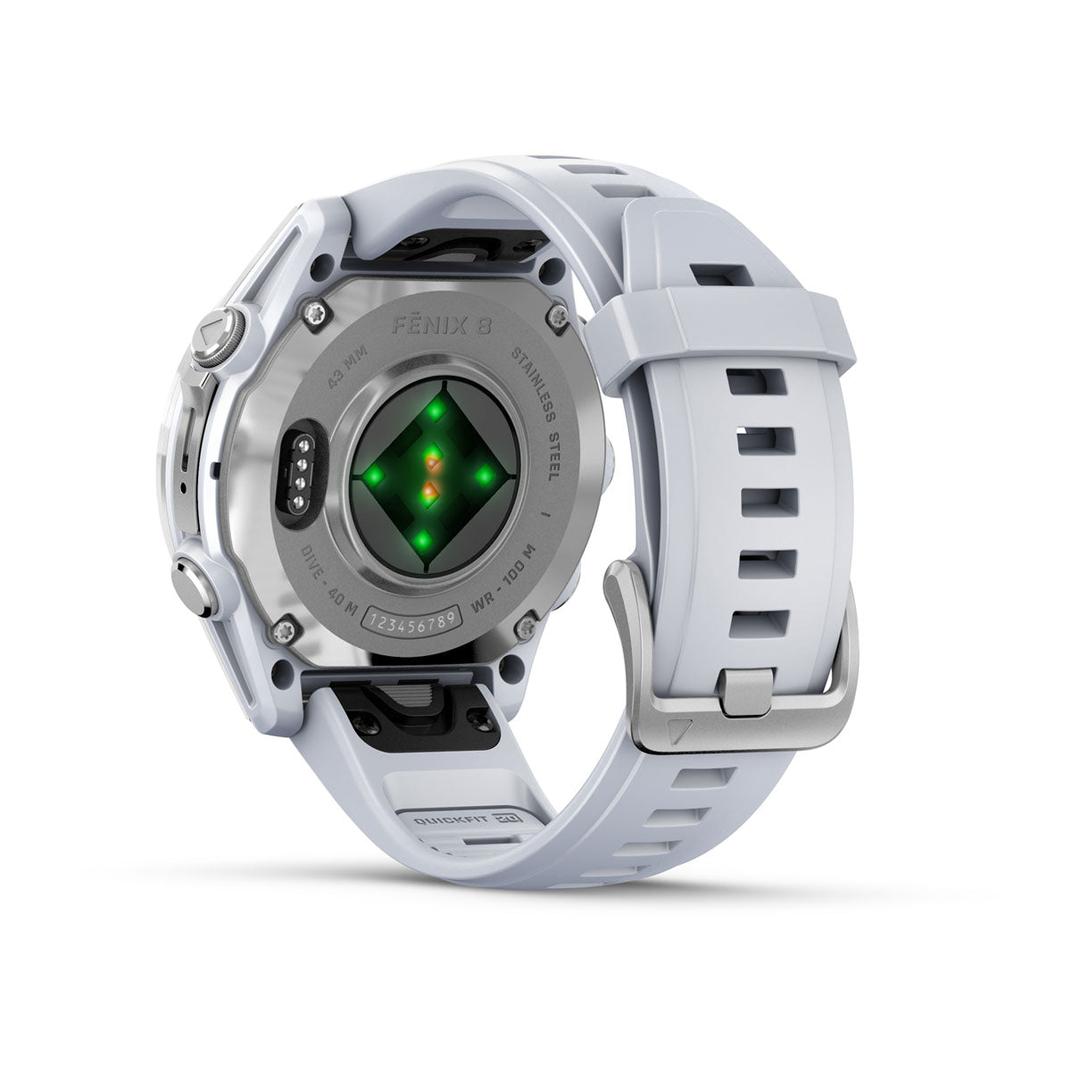 Garmin Fenix 8 AMOLED underside showing the optical heart rate sensor