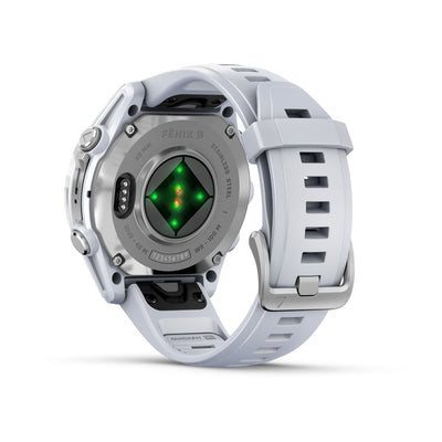 Garmin Fenix 8 AMOLED underside showing the optical heart rate sensor
