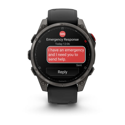 Garmin Fenix 8 Pro AMOLED front view showing an emergency SOS message