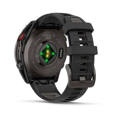 Garmin Fenix 8 Pro AMOLED underside showing the optical heart rate sensor