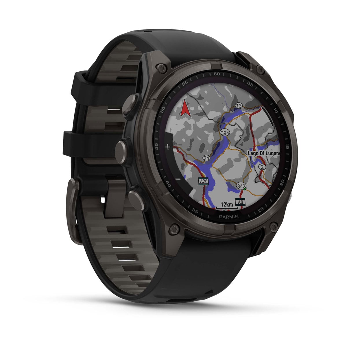 Garmin Fenix 8 Solar angled view showing a trail map
