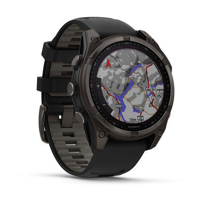 Garmin Fenix 8 Solar angled view showing a trail map