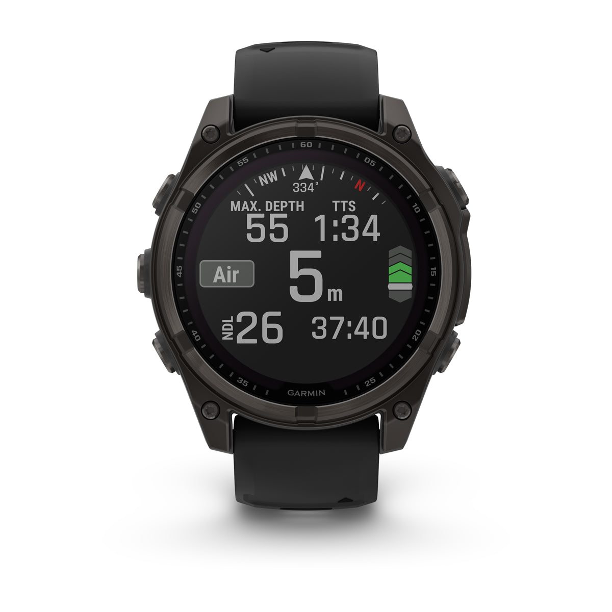 Garmin Fenix 8 Solar front view showing the dive screen with depth, NDL and dive time