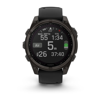 Garmin Fenix 8 Solar front view showing the dive screen with depth, NDL and dive time