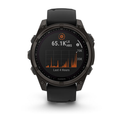 Garmin Fenix 8 Solar front view showing the solar intensity graph
