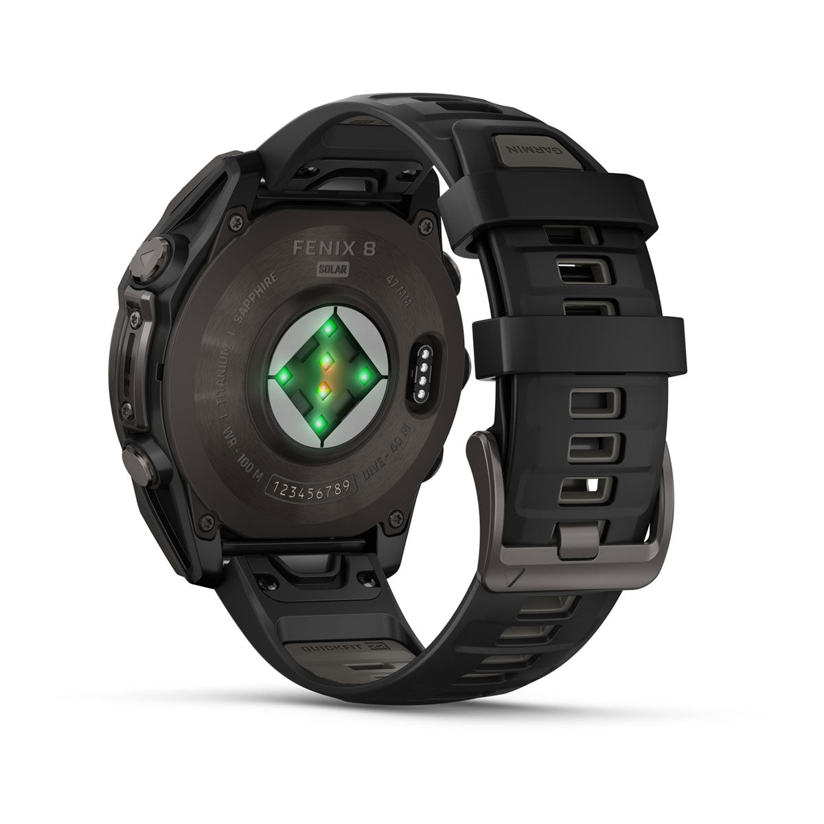 Garmin Fenix 8 Solar underside showing the optical heart rate sensor