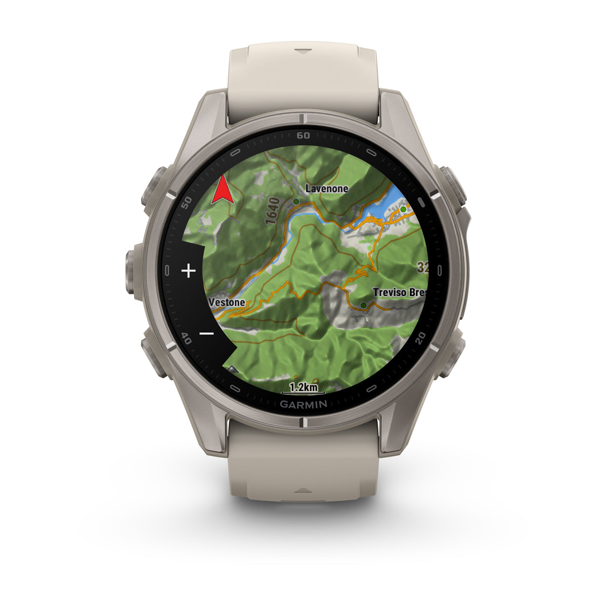 Garmin Fenix 9 front view showing a topographic map