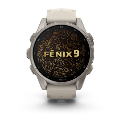 Garmin Fenix 9 front view showing the Fenix 9 start screen