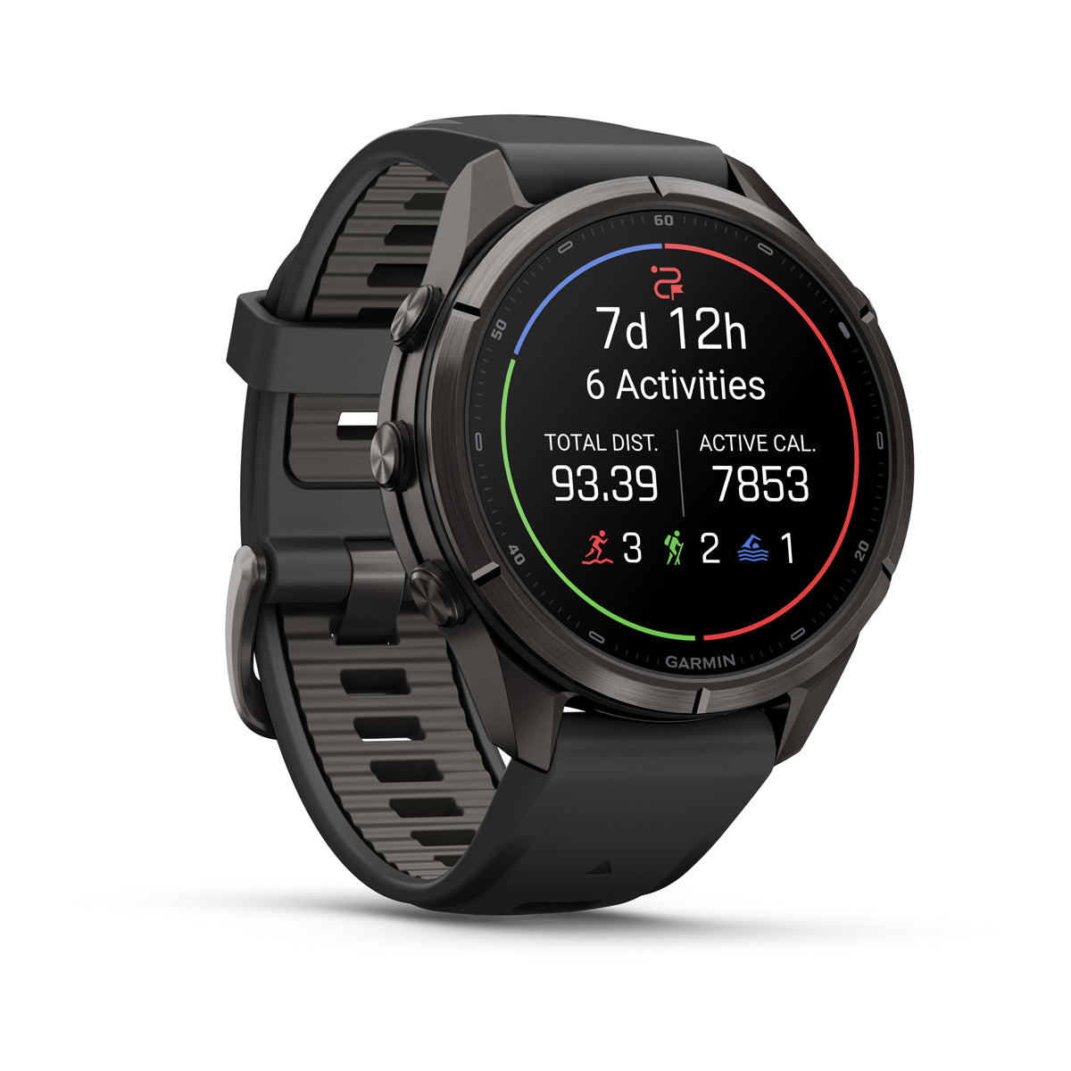 Garmin Fenix 9 Pro 43 mm, Titanium with Shell Pink/Autumn Orange band, angled view