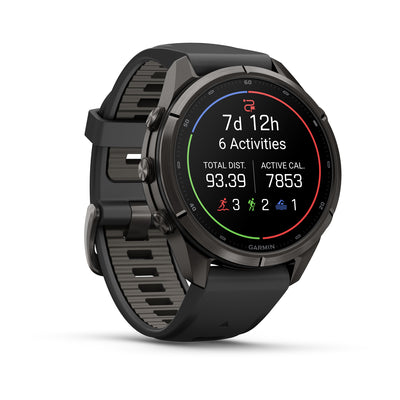 Garmin Fenix 9 Pro 43 mm, Carbon Grey DLC Titanium with Black/Pebble Grey band, angled view